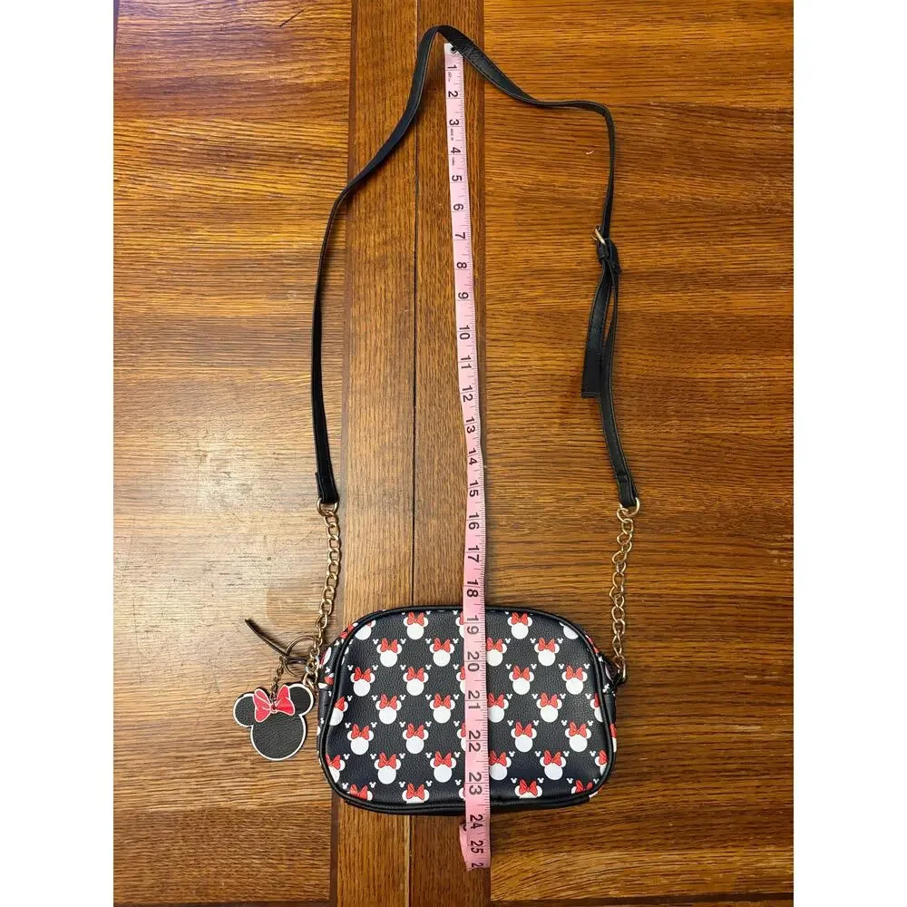 Disney Minnie Mouse Camera Crossbody Bag Black Red Bow Print Chain Strap Purse